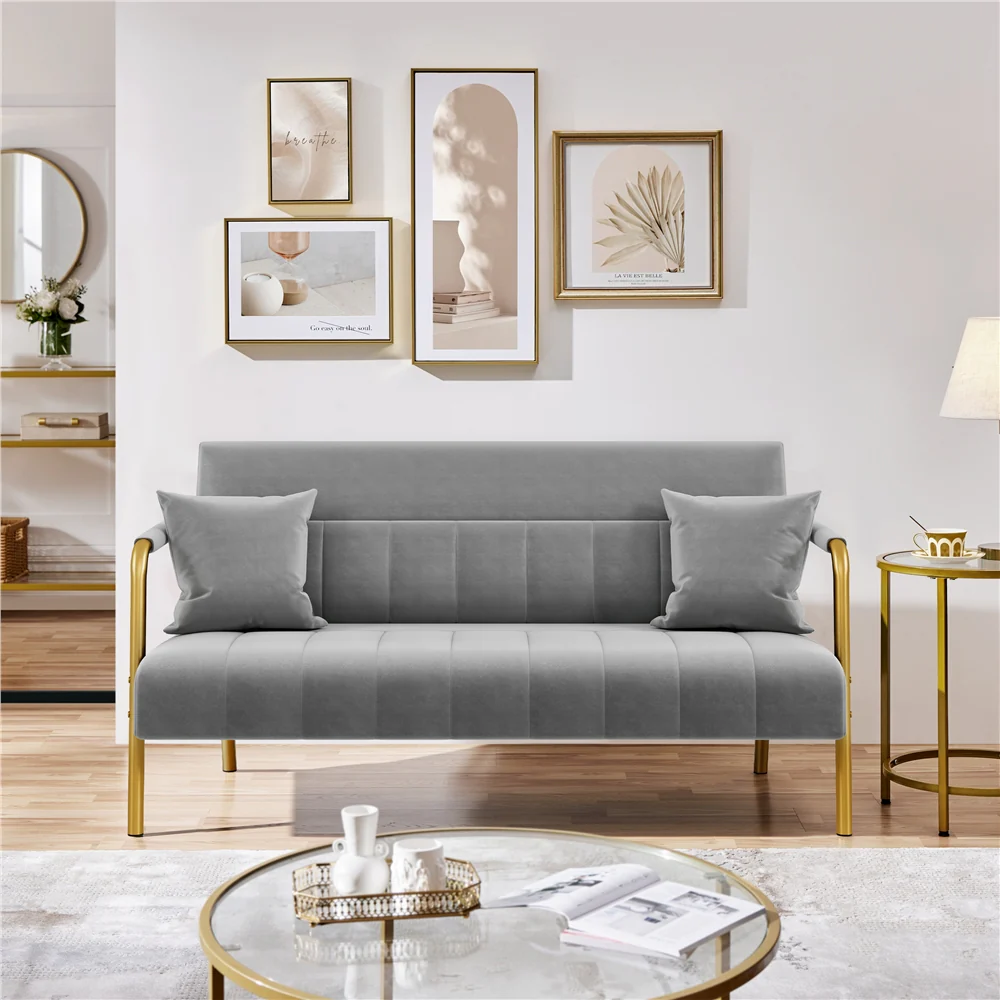 Costoffs Velvet Fabric Sofa Couch, 56.5″ W Modern Loveseat Couch with Gold-tone Metal Arms, Legs & 2 Pillows, Sofa for Living Room, Bedroom Furniture, Pink\u002FGreen\u002FGray